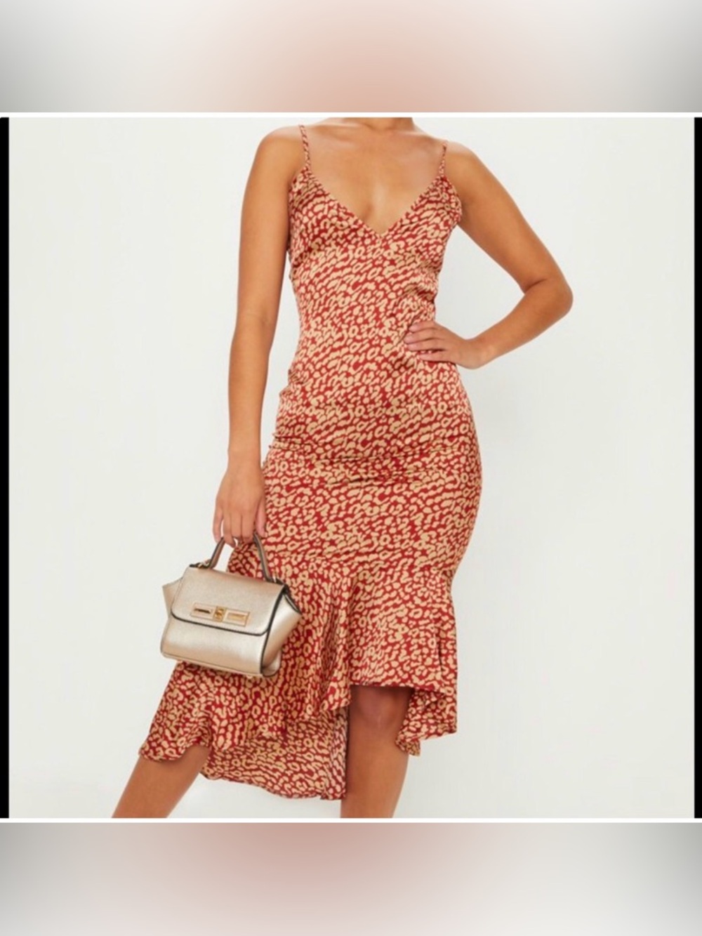 PrettyLittleThing Red and Cream Leopard Slip Midi Dress with Ruffle Hem US 8